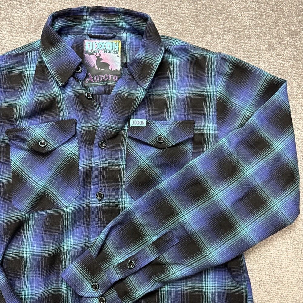Dixxon Small Aurora Shirt Button Long Sleeve Blue Black Purple Flannel Plaid